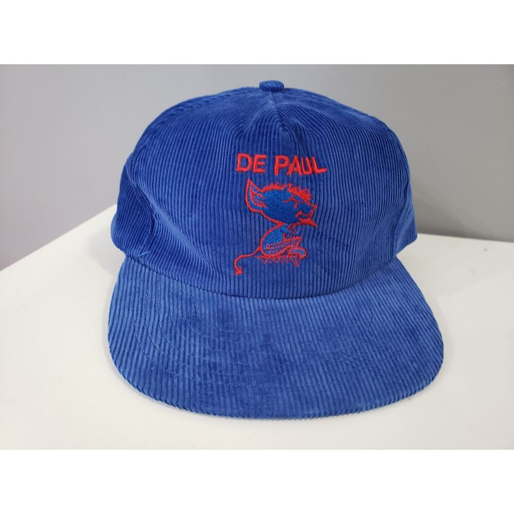 Vintage 90s 80s DePaul Blue Demons NCAA Corduroy Snapback Hat Cap Basketball VTG